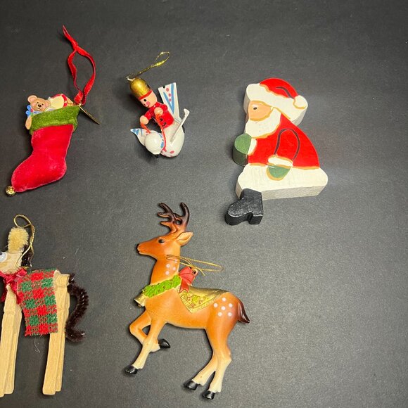 Vintage Lot of 6 Mixed Christmas Ornaments Ribbon Candy Cane, Bird, Santa & Deer - Picture 3 of 7